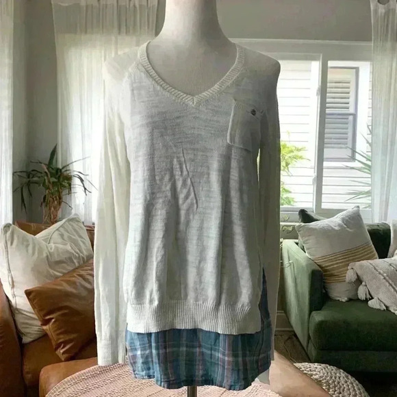 Anthropology Moth white and blue plaid layered long sleeve top - Picture 1 of 7